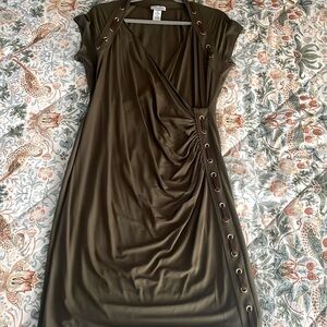 Carmen Marc Valvo Olive Faux Leather Gold Grommets Wrap Dress